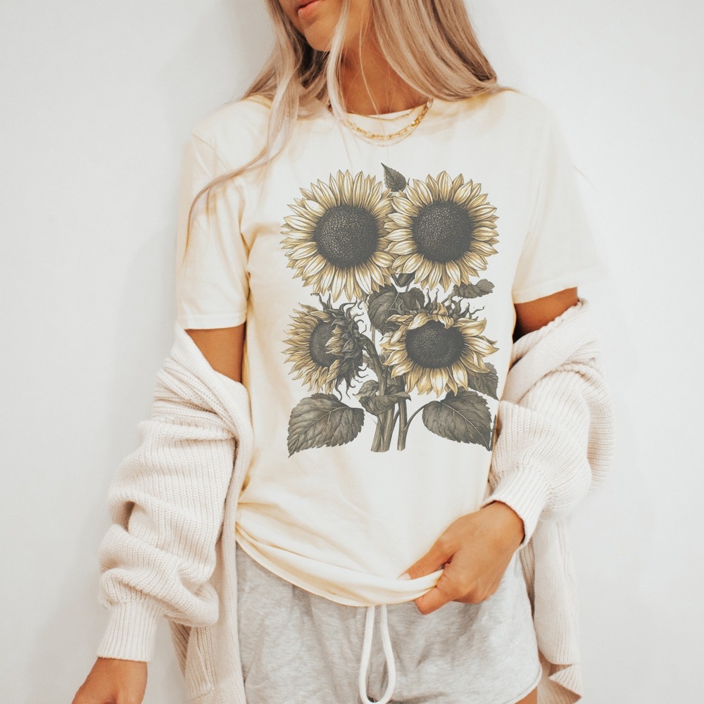 Botanical Sunflowers Graphic Tee Detailed Engraving Style Natural